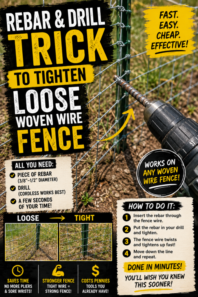 Rebar &amp; Drill Trick to Tighten Loose Woven Wire Fence